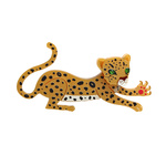 Leopard brooch, laser cut from golden acrylic with bright green Swarovski crystal eyes. Handmade in England