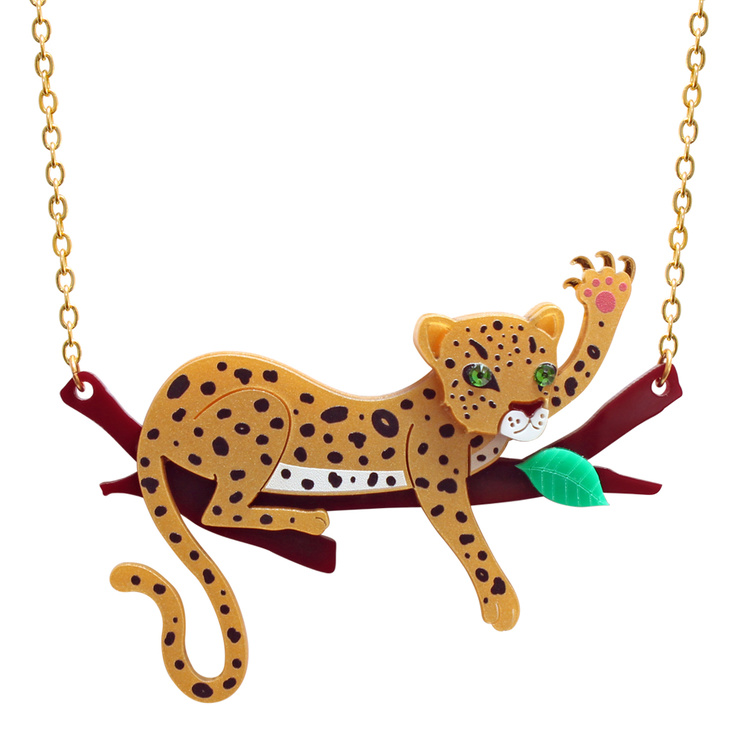 Leopard necklace with printed detail and green crystal eyes