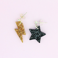 Gold Lightning & Black Star Glitter Studs