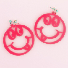 Neon Pink Statement Smiling Face Earrings