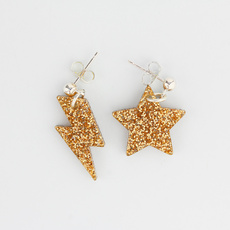 Glitter Gold Lightning & Star Stud Earrings